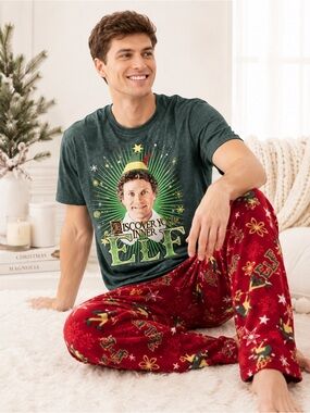 Elf Mens 2-Piece Dark Green & Red Christmas Holiday Pajama Set Medium